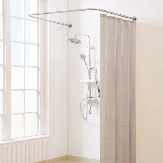 Douchegordijnstang U-vorm - Verstelbare estensione 23,6"-52" - Molla centrale 78,7 cm-119,4 cm - 12 ganci - Supporto per soffitto - Finitura a sbalzo nichelato - Douchegordino adattabile