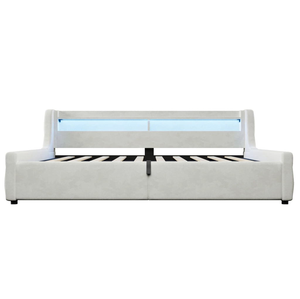 Letto imbottito 140x200 cm con contenitore e LED in flanella; bianco sporco