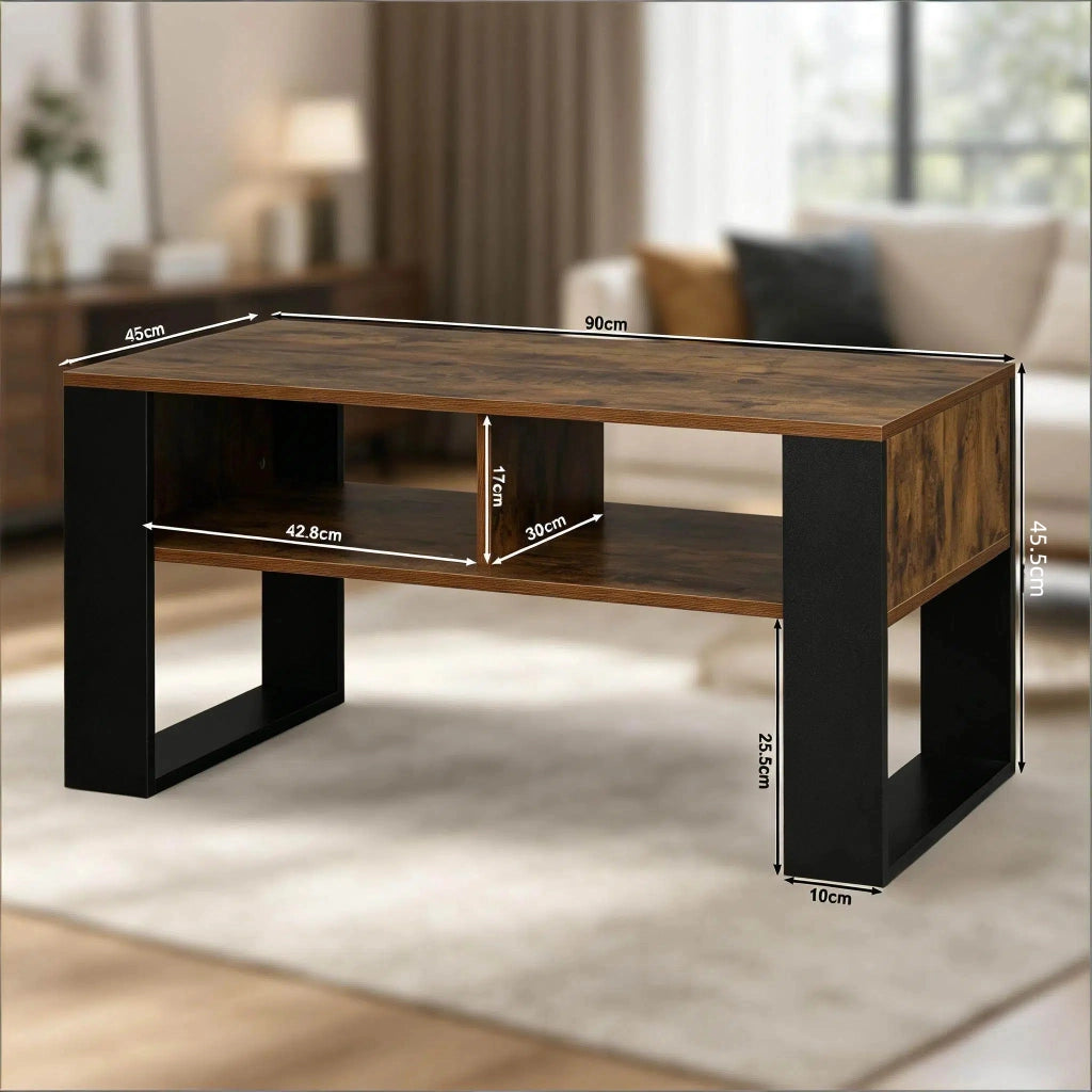 Tavolino basso con 2 vani aperti e piano ampio, per soggiorno, in legno, nero e marrone rustico, 90 × 45 × 45 cm