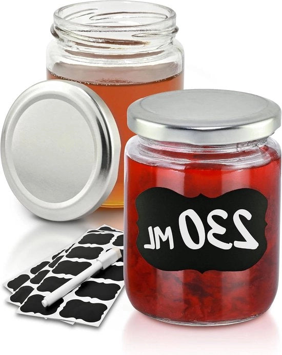 Set di contenitori per conserve 230 ml con coperchi - Aria stagna - Resistente alla lavastoviglie - Set di regalo - Incluso etichette e pennarelli