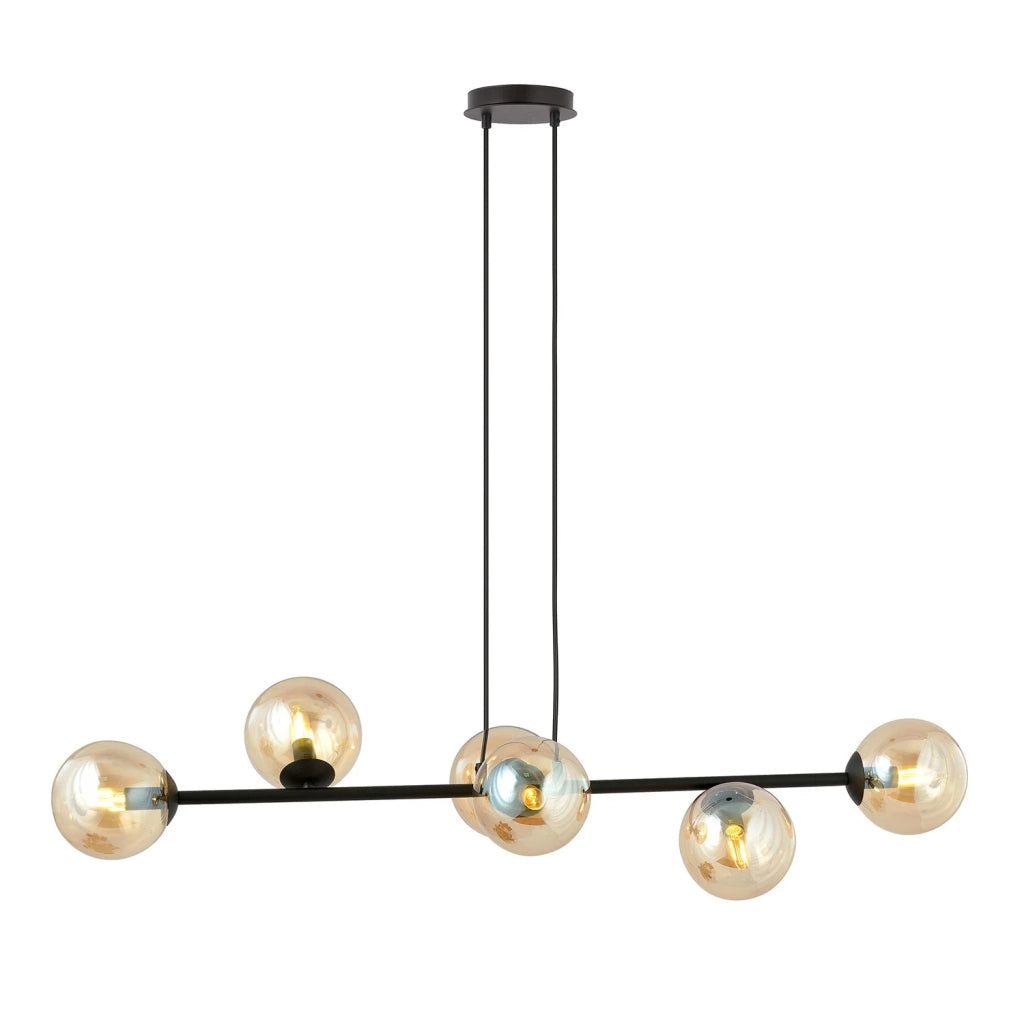 Lampadario Contemporaneo 6 Luci Durga In Acciaio Nero E Sfere In Vetro Ambra