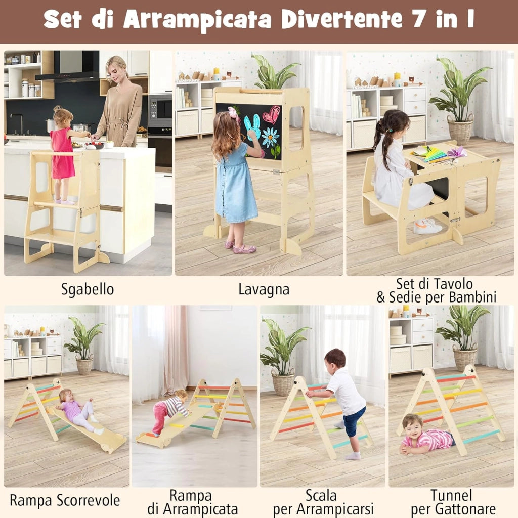 7 in 1 Set da Arrampicata per Bambini, Giocattoli da Arrampicata Pieghevole con Rampa Reversibile Sgabello Convertibile Tavolo e Sedia Lavagna, 3-14 Anni (Colorato)