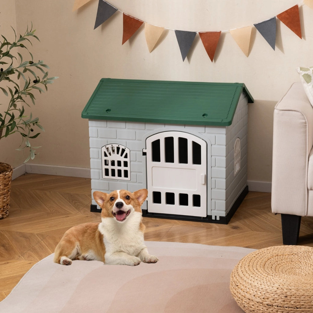 Rifugio per animali domestici da esterno e interno con porta bloccabile, Cuccia per cani in plastica impermeabile Verde scuro-Casette e lettini