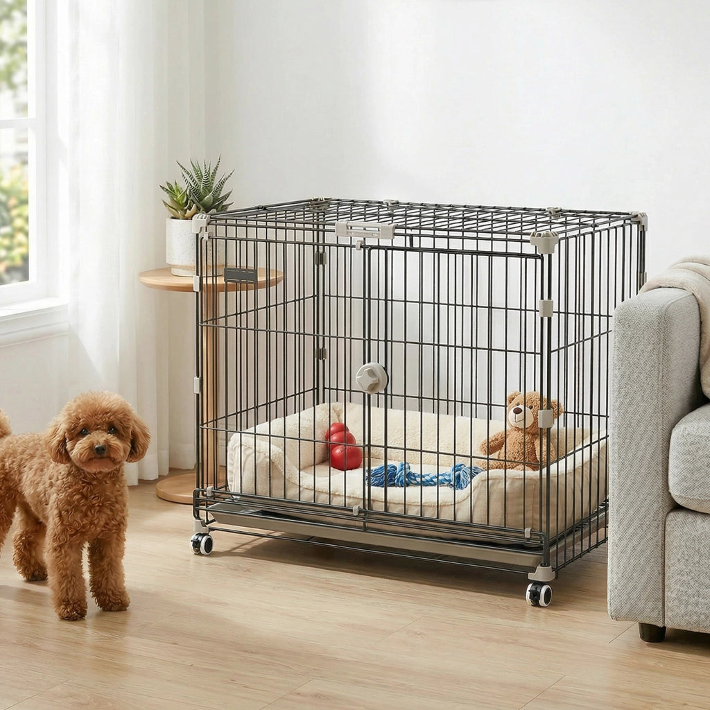 Cage per Cani con Vassoio Amovibile e Ruote ¨C zephmum ¨C Nero 75.5x46x64.5cm