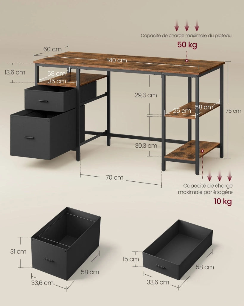Scrivania per computer con spazio di archiviazione 3 ripiani 2 cassetti 60 x 140 x 76 cm per ufficio/soggiorno stile industriale marrone rustico e nero 12_0004569