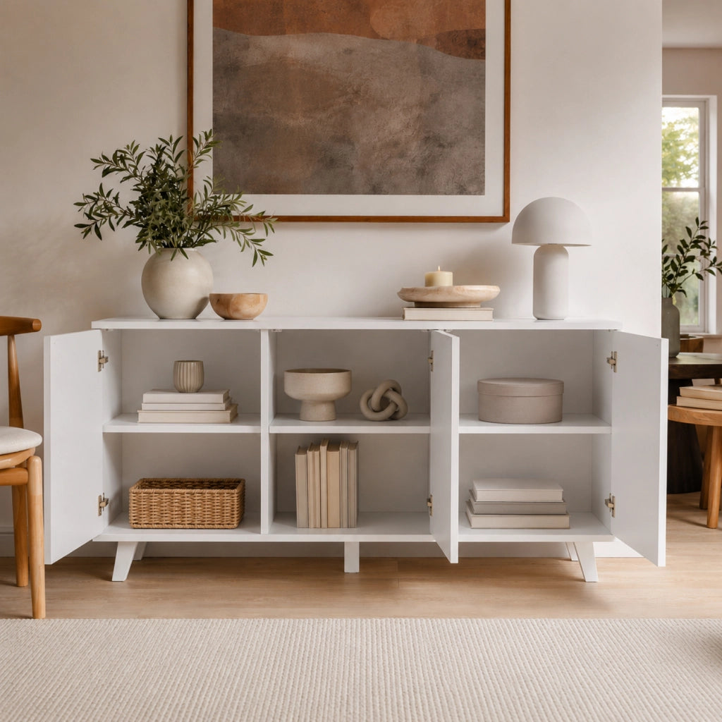 Madia Moderna 3 Ante Senza Maniglie Credenza Mobile Contenitore Design Minimal Con Piedini Rialzati Per Zona Living 154 X 72 X 40 Cm Bianco