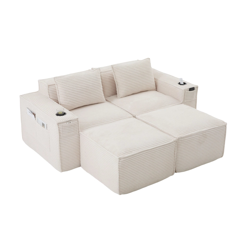 Divano modulare 2 posti - con portabicchieri e tasche laterali - in tessuto a coste beige