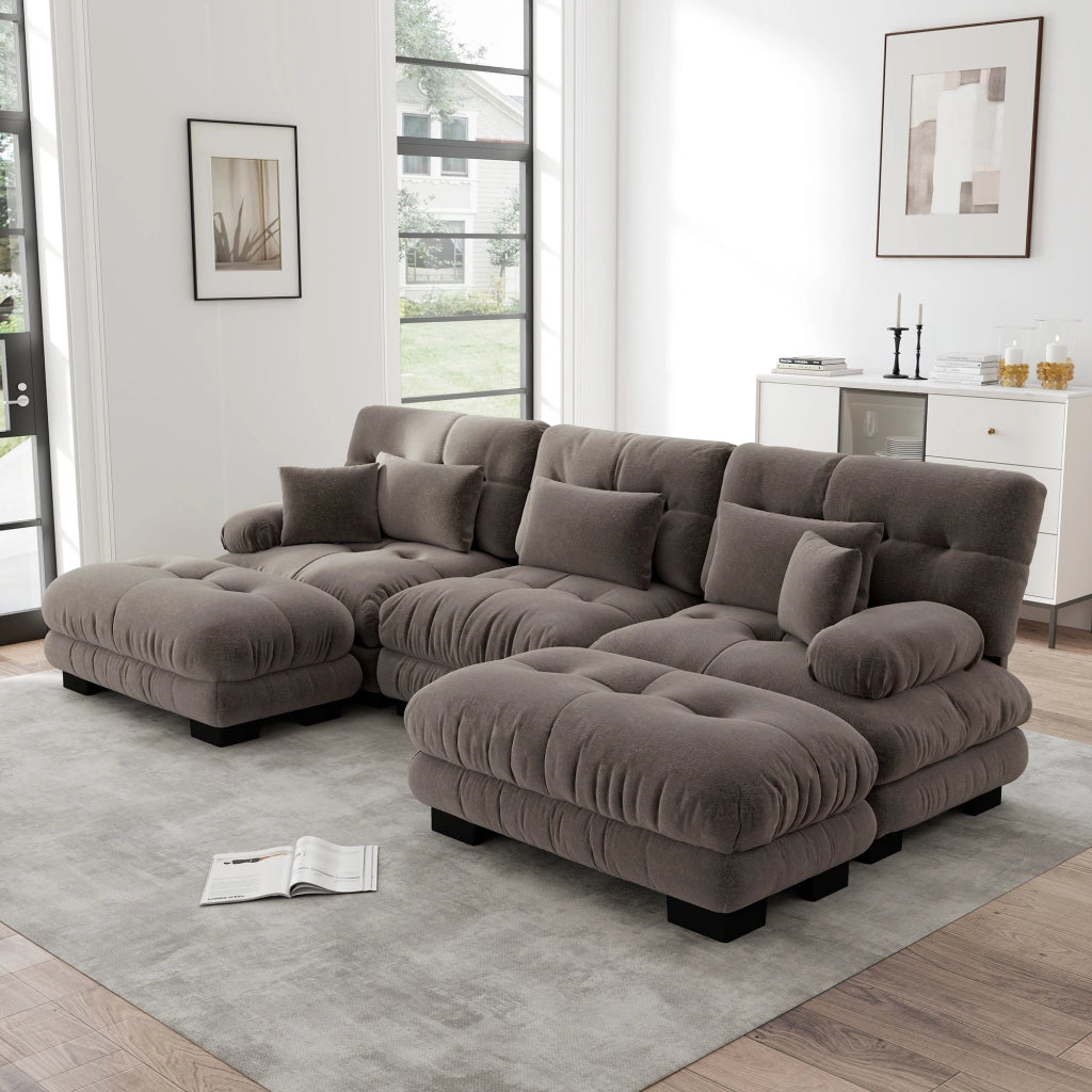 Divano modulare angolare con seduta profonda e pouf mobili trasformabile a U in chenille marrone 313 × 145 × 81 cm