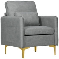Poltroncina Moderna con Tessuto effetto Lino, Gambe in Acciaio e Tasche laterali, 72x72x90cm, Grigio