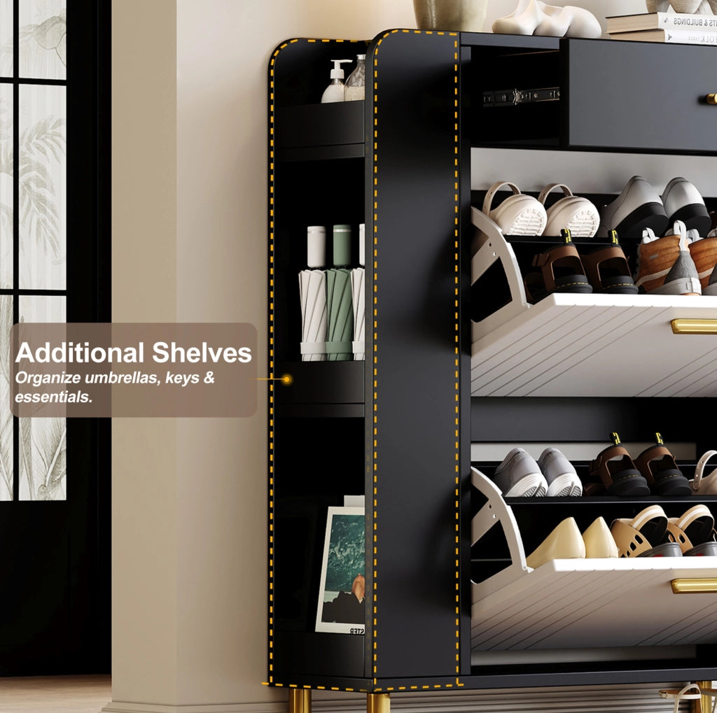 Scarpiera slim con 2 ante a ribalta; 1 cassetto e 3 scomparti aperti; 80x24x105 cm; bianco e nero