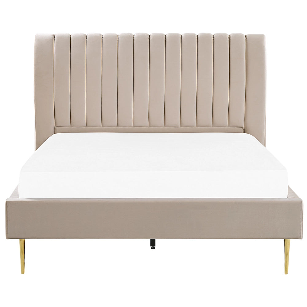 Letto imbottito velluto beige sabbia e oro rete a doghe testiera alta 140 x 200 cm testata alta design retrò