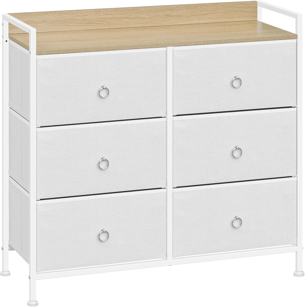 Cassettiera per Camera da Letto con 6 Cassetti, Tessuto, Mobile per Corridoio/Soggiorno con Ripiano Aperto, Struttura in Acciaio, Bianco, SSK010ws