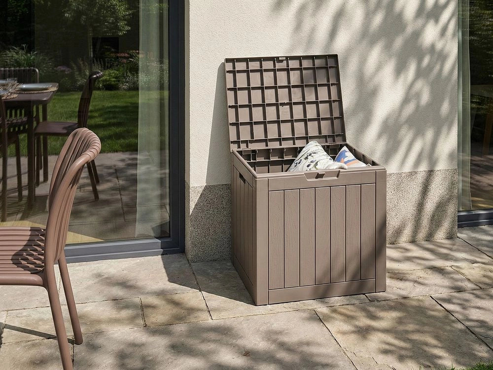 Panca da giardino in plastica marrone per esterni 116 x 60 cm con maniglie e rotelle Cassetta porta attrezzi da esterno