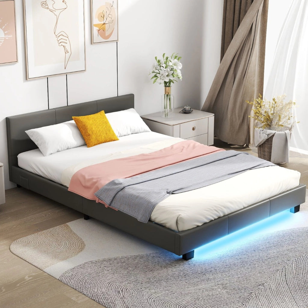 Struttura moderna per letto matrimoniale con telecomando, Letto a piattaforma imbottito supporto a listoni Grigio-Arredo letto