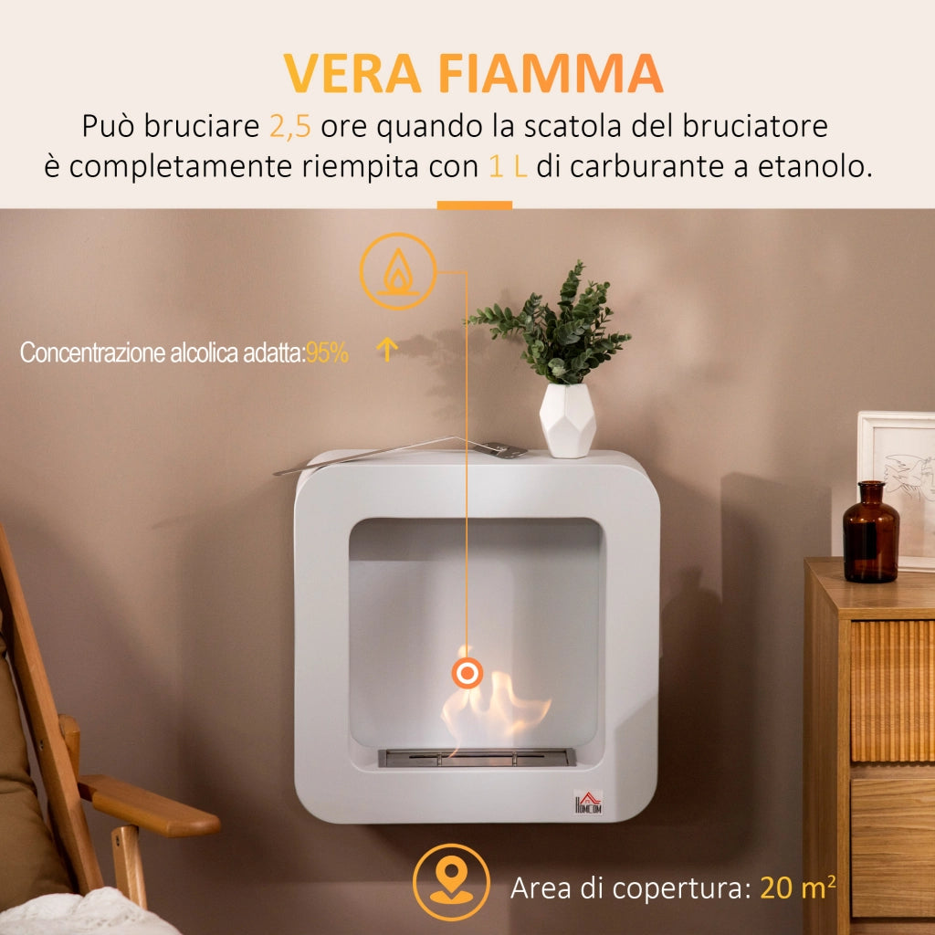 Easycomfort Camino Bioetanolo a Parete in Metallo da 2.5h di Combustione con Serbatoio 1.5L e Copertura 20m², 48x18x48 cm, Bianco