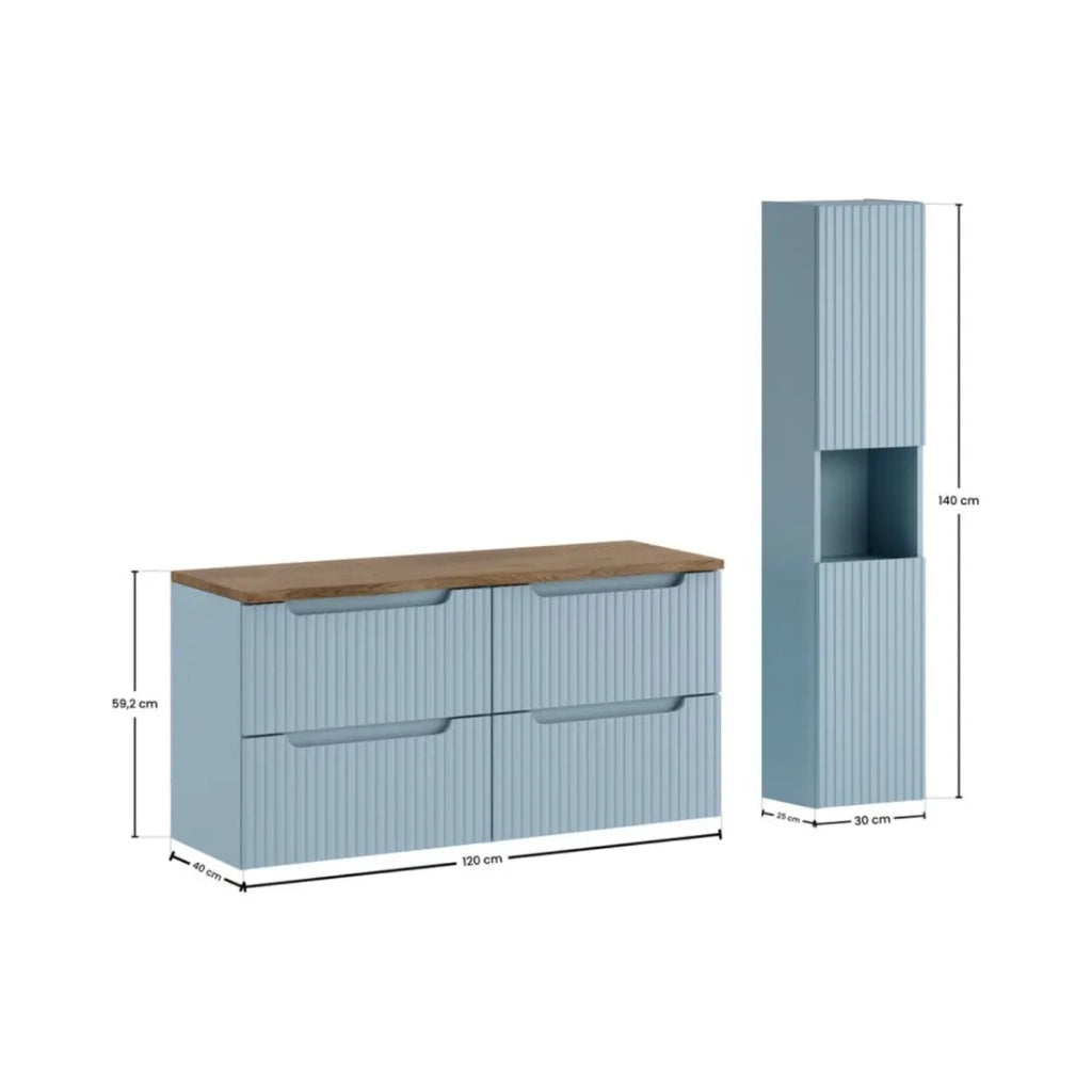 Set bagno sospeso VANO blu denim e quercia 150cm: mobile sotto lavabo con cassetti + piano per lavabo + colonna