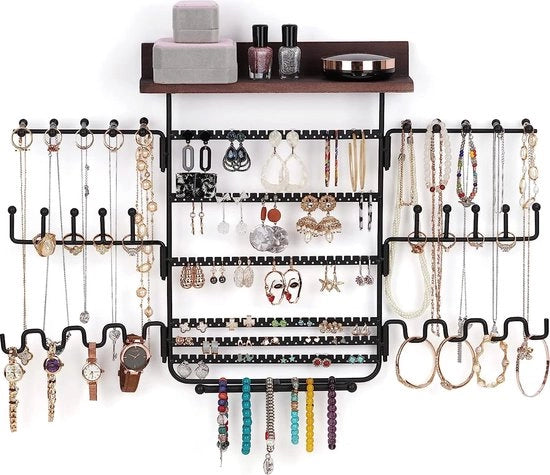 Organizzatore per gioielli da appendere al muro, ripostiglio per gioielli, con 6 stanghe di esposizione rotativa, standard per gioielli, supporto per collane, orecchini, bracciali e anelli da appendere al muro