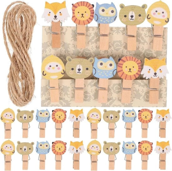 100 pezzi di clip in legno con disegno di animali, mini clip per decorazione, clip per attività e visualizzatore di foto, 3,50 x 2,00 x 0,50 cm