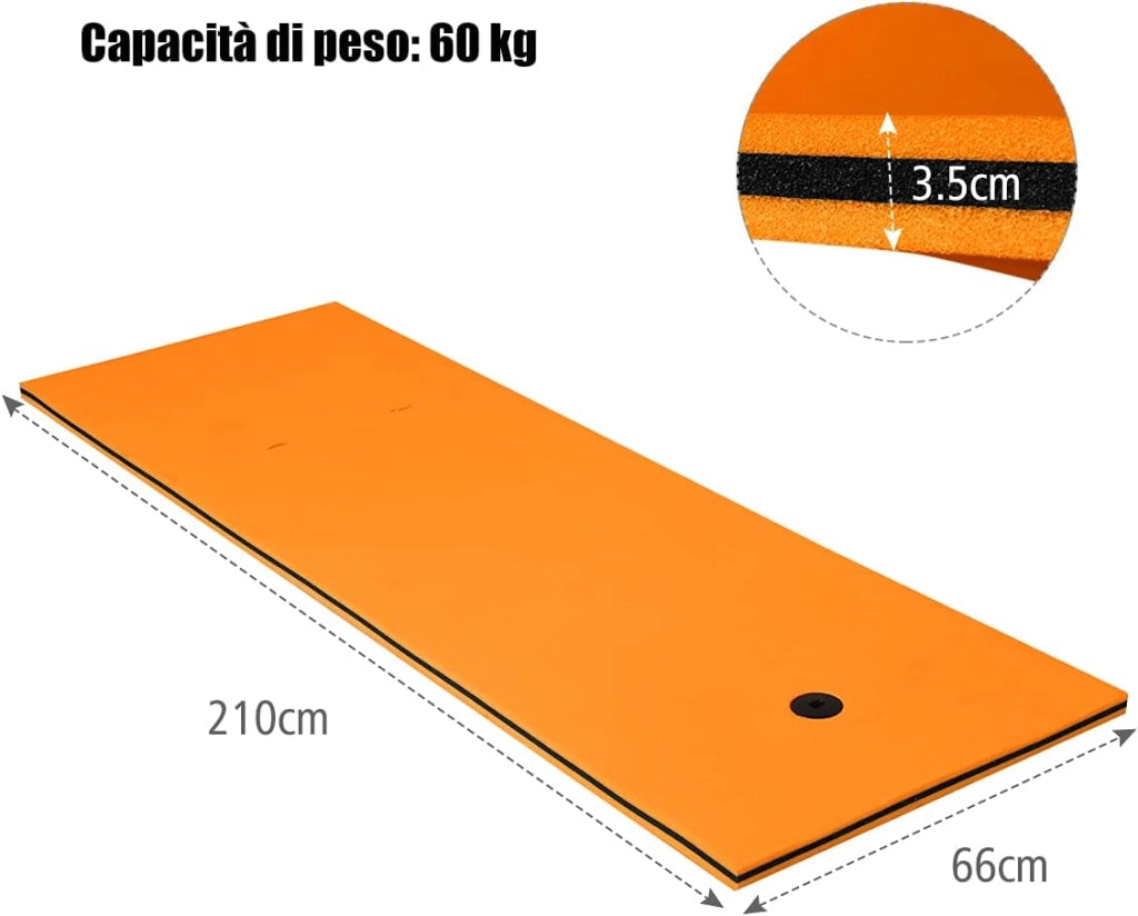 Tappeto Gallegiante per Piscina e Mare, Tappeto da Piscina con Corda di 1,5 m, Resistente ed Elastico, 210 x 66 x 3,5 cm (Arancio)