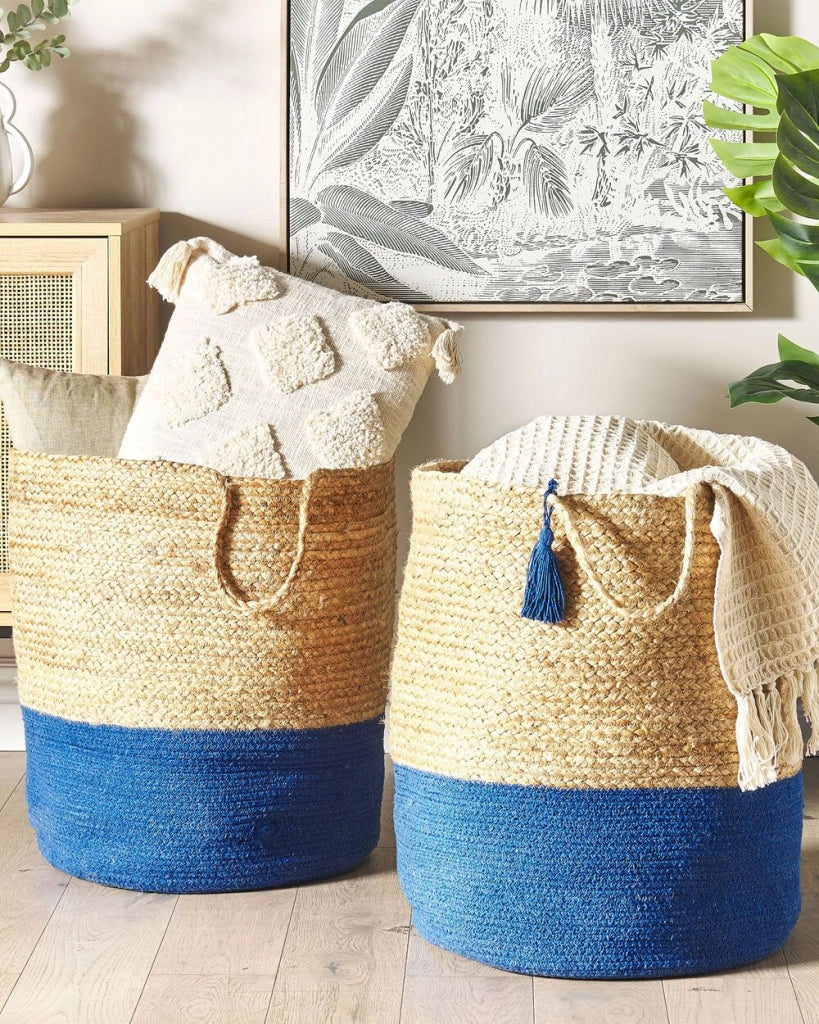 Set di 2 cestini portaoggetti in cotone iuta navy e naturale da 50 cm portabiancheria Boho
