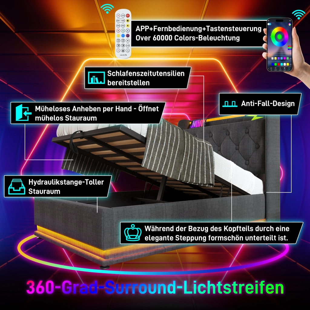 LETTO Singolo 90x200 cm Grigio in Lino con LED 360° e ricarica USB Type-C