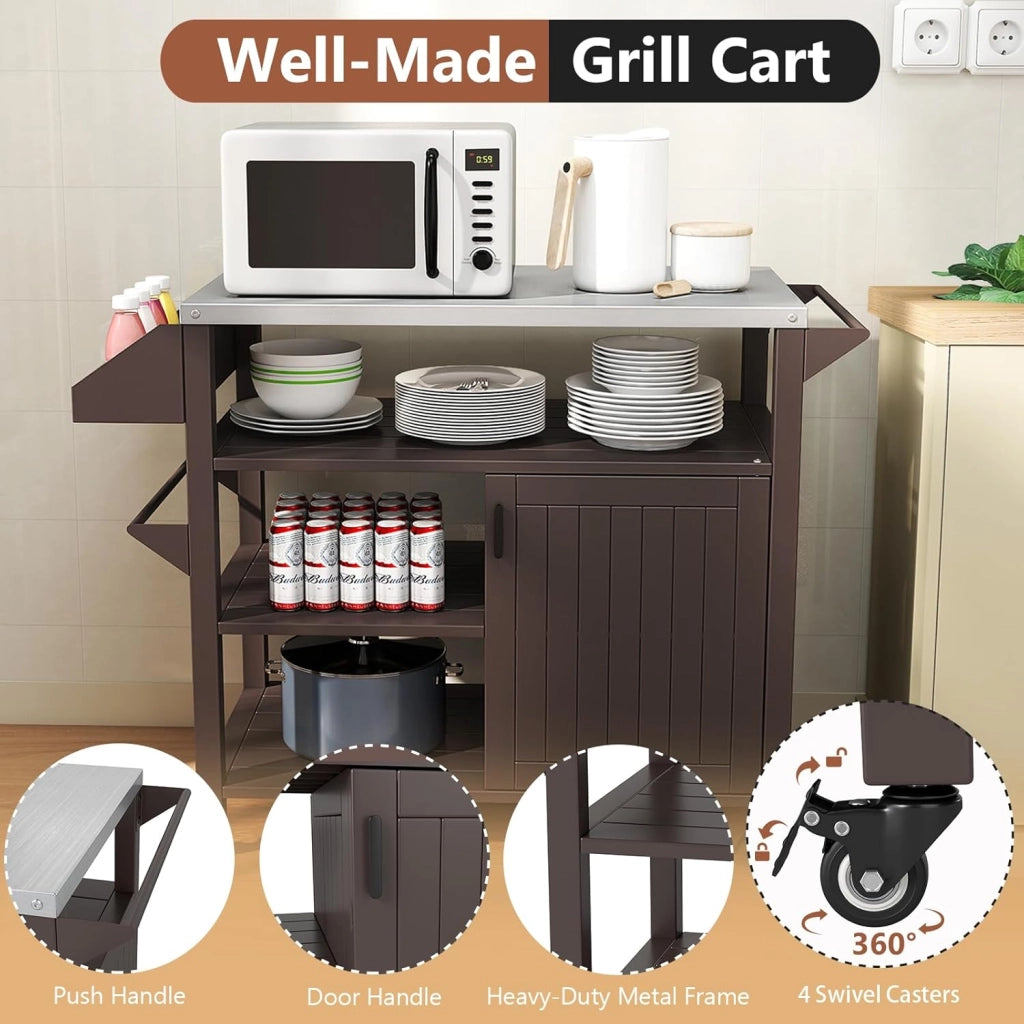Carrello Barbecue a 3 Ripiani, Carrello per Grigliare in Metallo, Carrello da Pranzo per BBQ, Campeggio, Festa, con Piano in Acciaio Inox, Scaffali, Porta Spezie e Porta Asciugamani, Marrone