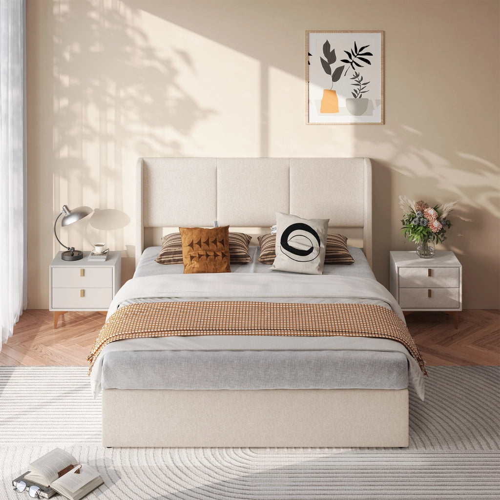 Letto matrimoniale contenitore 140x190 cm con testiera imbottita rete a doghe e vano contenitore idraulico in lino-beige