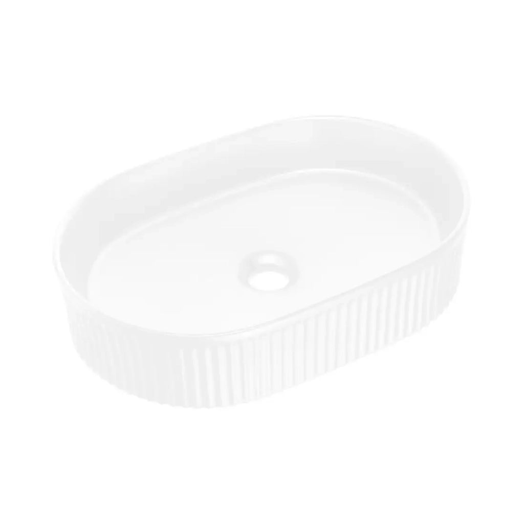 Insieme ELVINA 100cm: mobile sottolavabo con cassetti e nicchie a vista + piano per lavabo + lavabo da appoggio scanalato