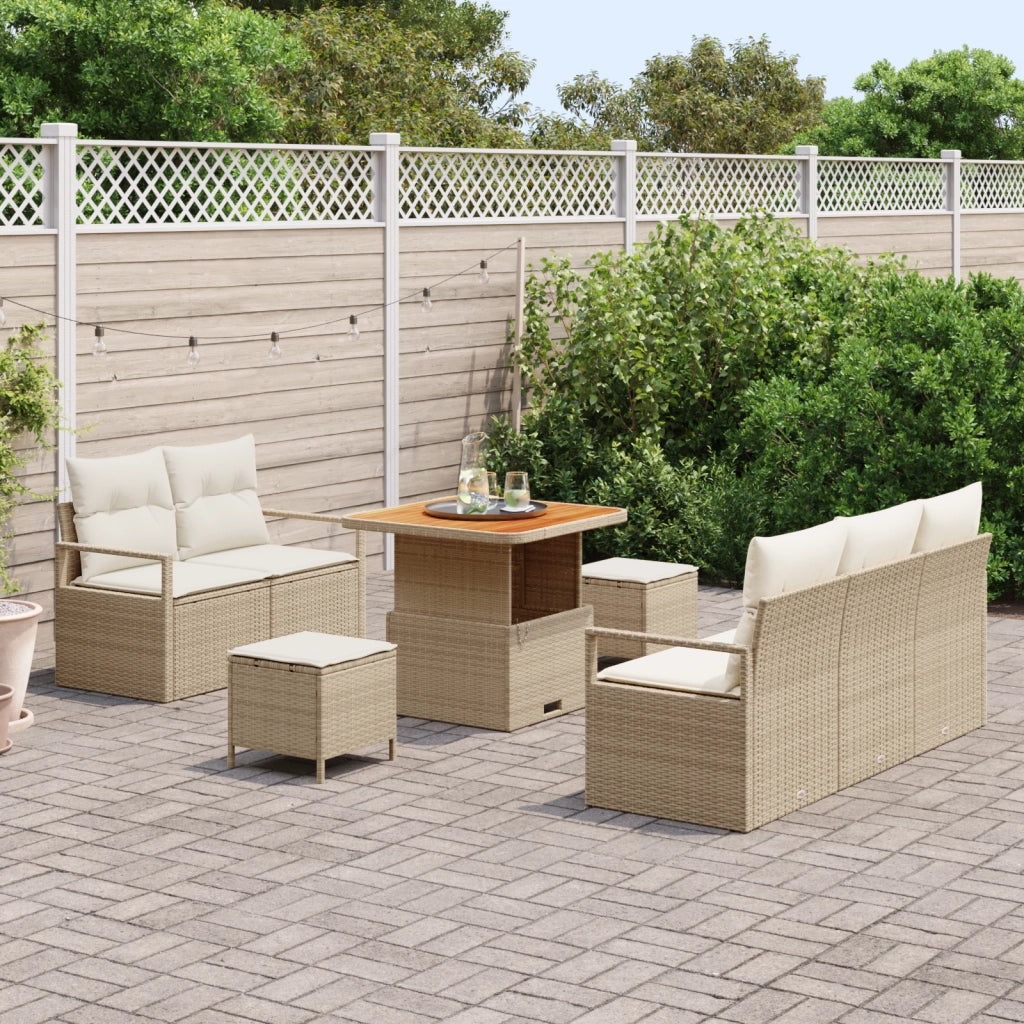 Set di divani da giardino con 8 pezzi e cuscini beige in polirattan e acacia
