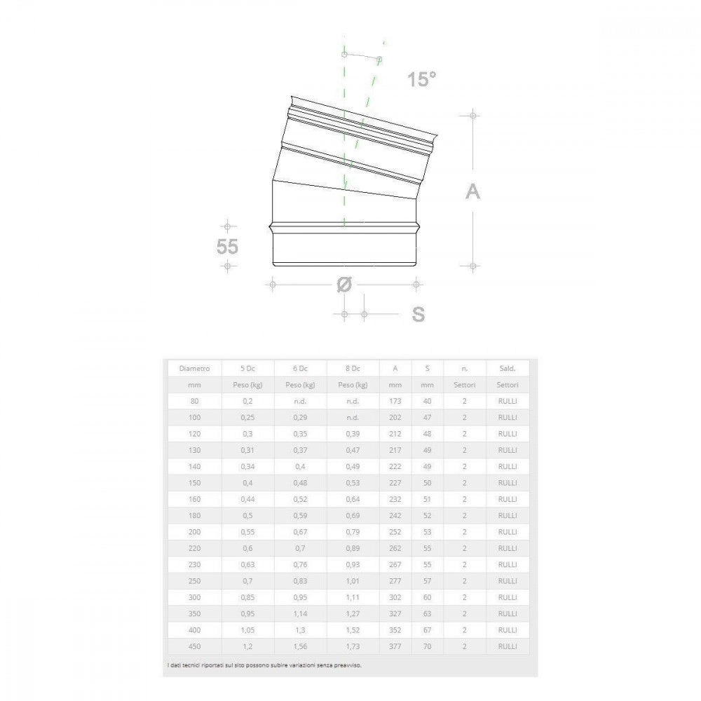 Gomito curva acciaio inox 120mm 5 decimi aisi 304, scegli se  15 gradi
