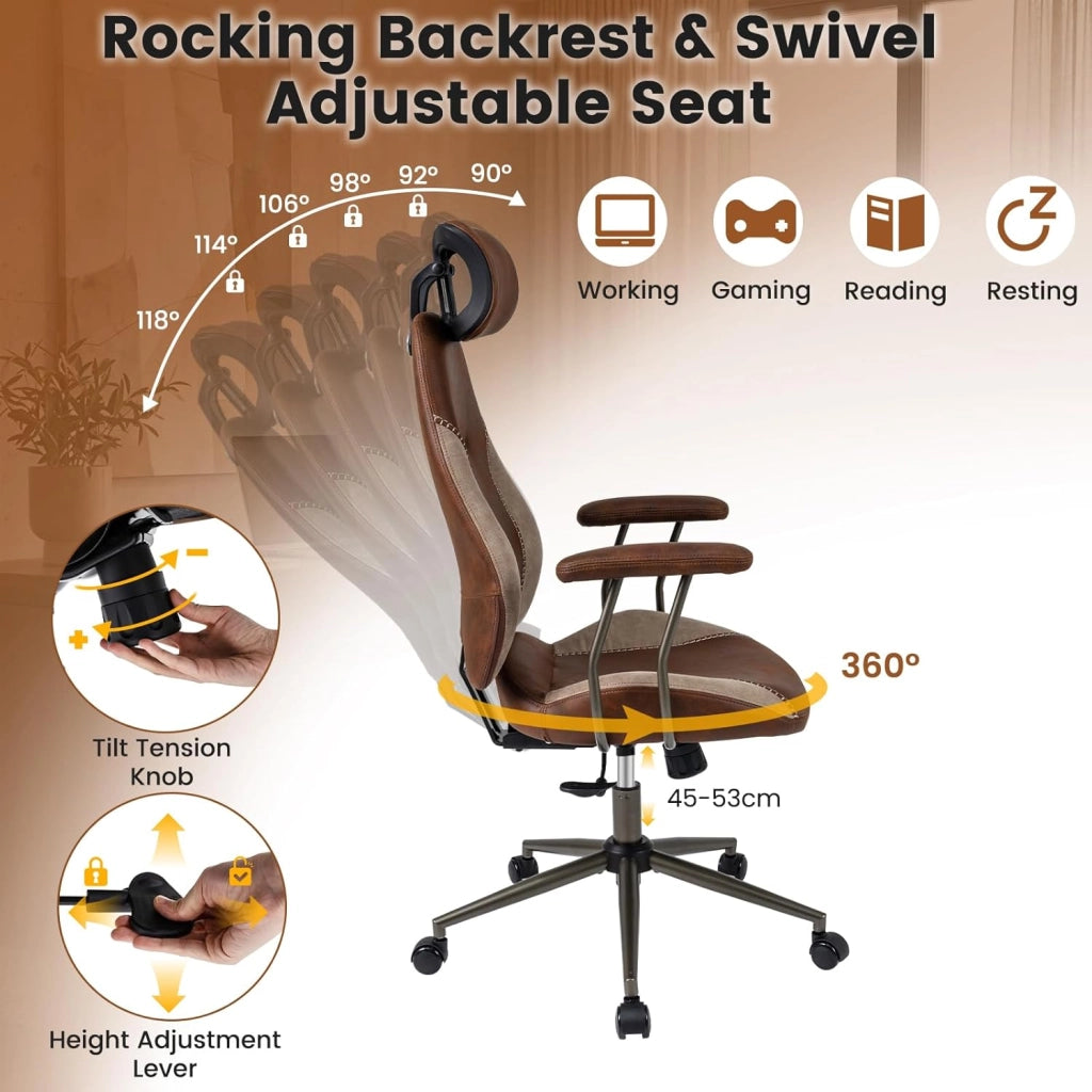 Sedia da ufficio ergonomica, sedia da scrivania girevole con poggiatesta, bracciolo, schienale inclinabile e seduta curva, imbottita in pelle scamosciata, altezza regolabile, carico 150 kg