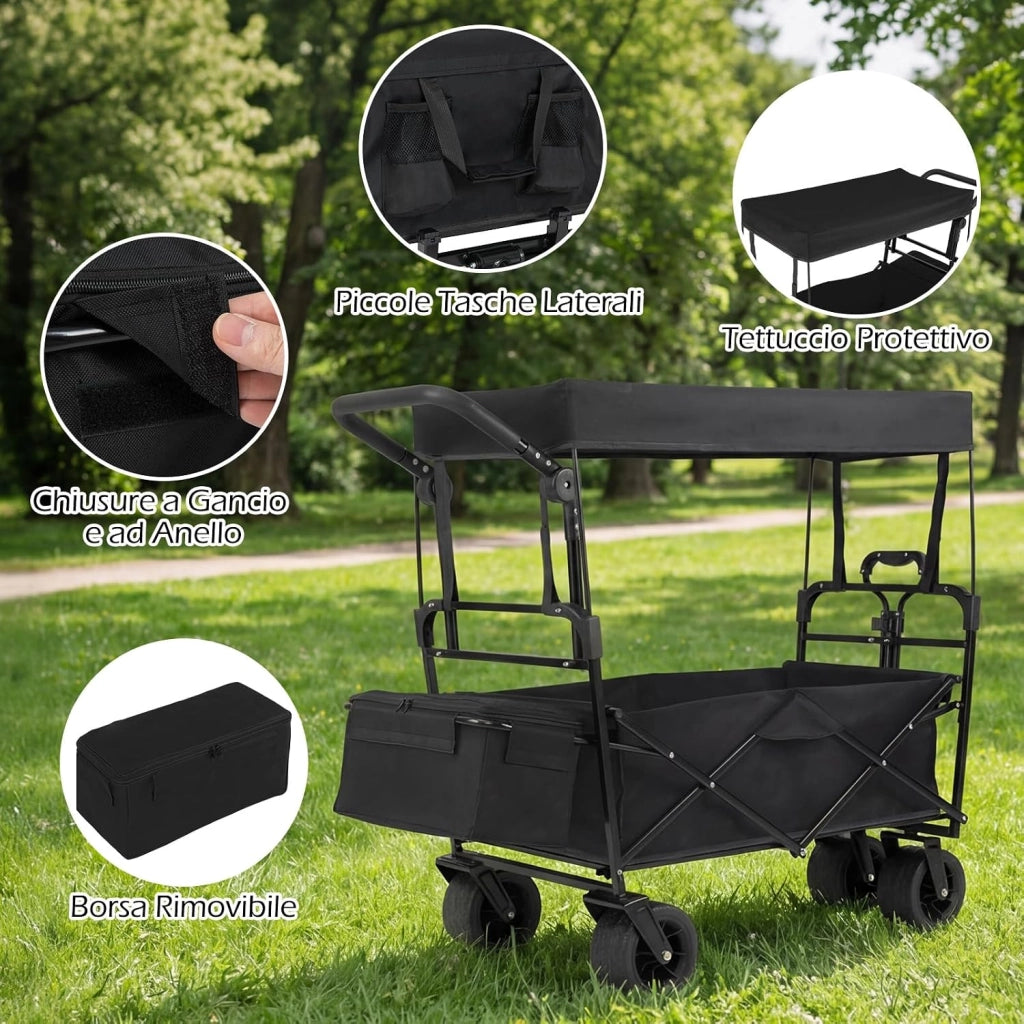 Carrello Pieghevole con Tetto, Carrello Trasportabile con Maniglia Regolabile, Borsa Portaoggetti e Ruote Grandi, Carrello da Giardino Capacità 100L, per Campeggio e Animali Domestici (Nero)