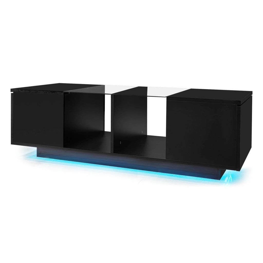 Tavolino da caffè 120x50x38.5 cm; LED integrato e vano laterale; vetro; MDF e truciolare nero