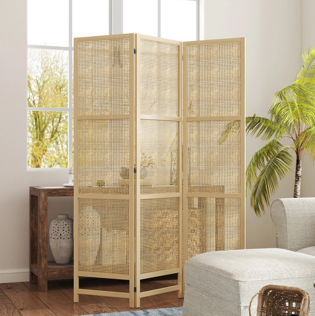 Paravento pieghevole a 3 pannelli in rattan 135 x 180 cm