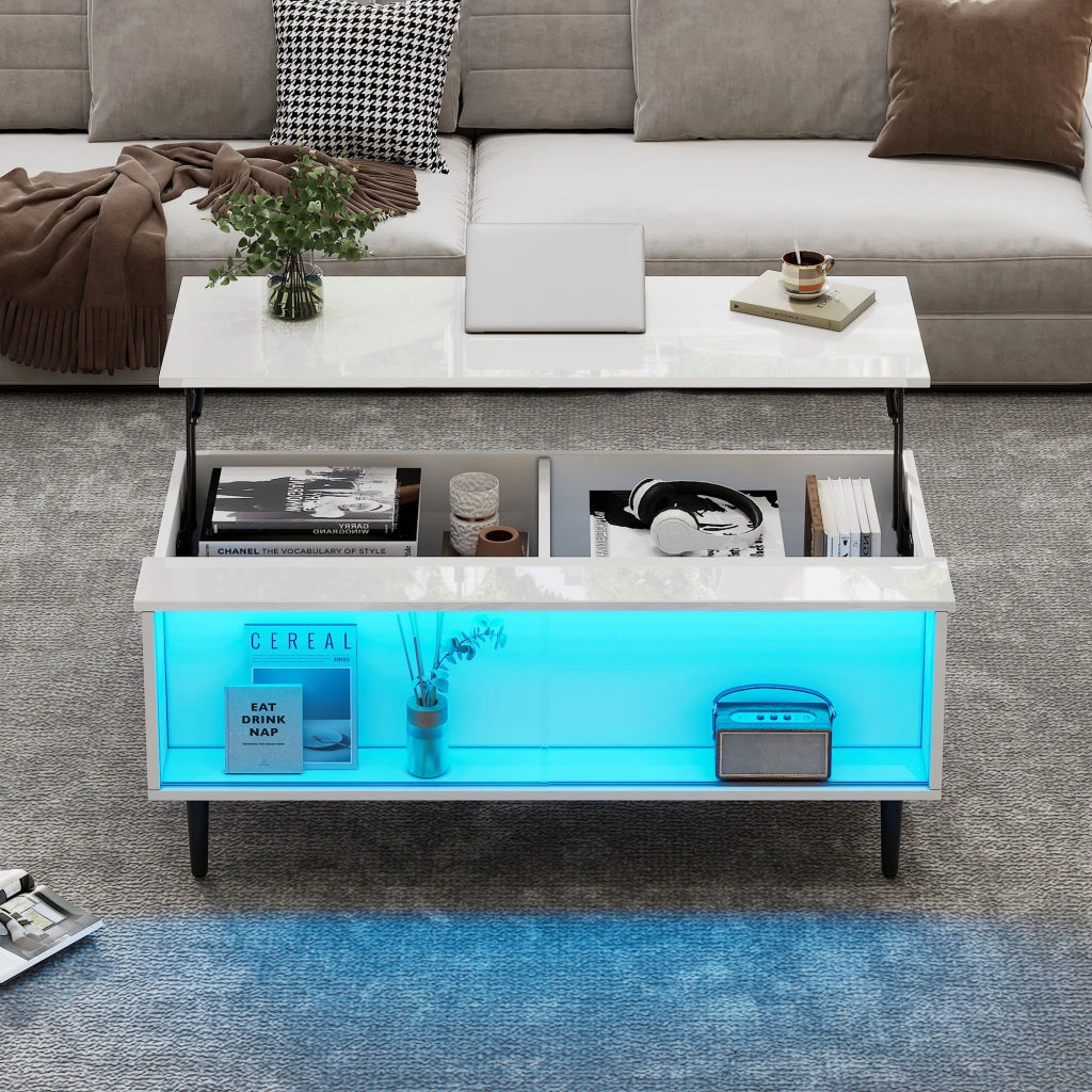 TAVOLO Caffè regolabile 105 x 50 x 43 cm bianco in truciolare e vetro temperato con LED