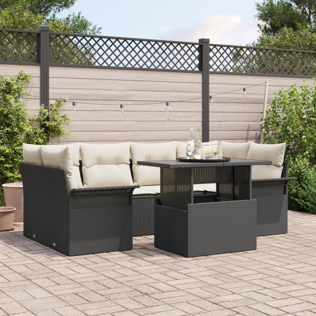 Set Divano da Giardino 7 Pezzi con Cuscini Nero Polirattan
