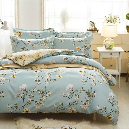 Set di coperte per letto 135 x 200 cm, 4 pezzi a tema fiori/verde/oro, set di coperte moderne a tema fiori, coperta per letto femminile, coperte in microfibra morbida, coperte reversibili, 2 coperte per letto con chiusura a zip, 2