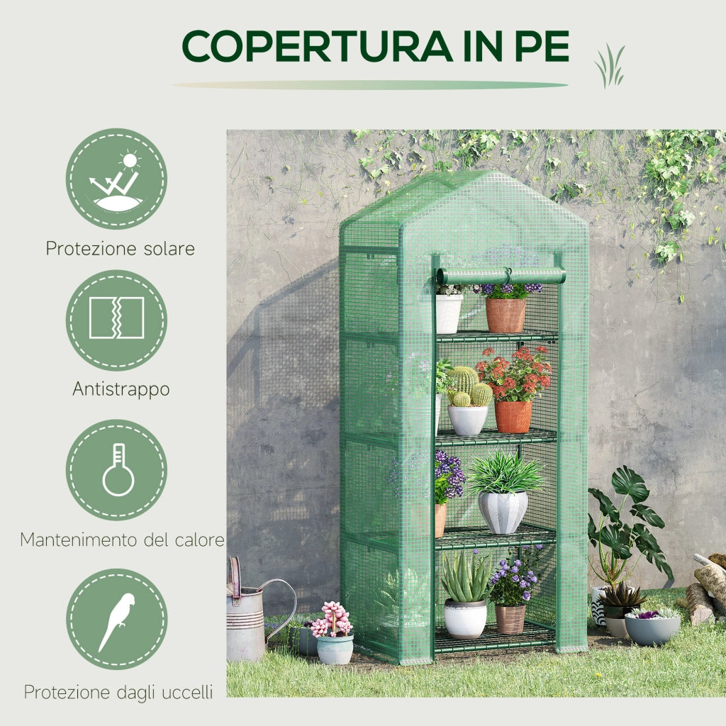 Serra per Piante Verticale con Scaffale a 4 Ripiani in Acciaio e PE Verde Scuro, 70x50x160cm