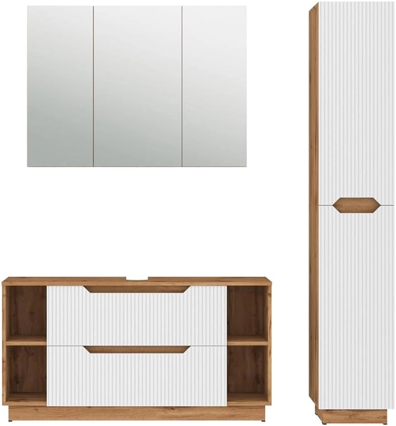 Set di mobili da bagno Lotta, Rovere/bianco a strisce, 3 parti