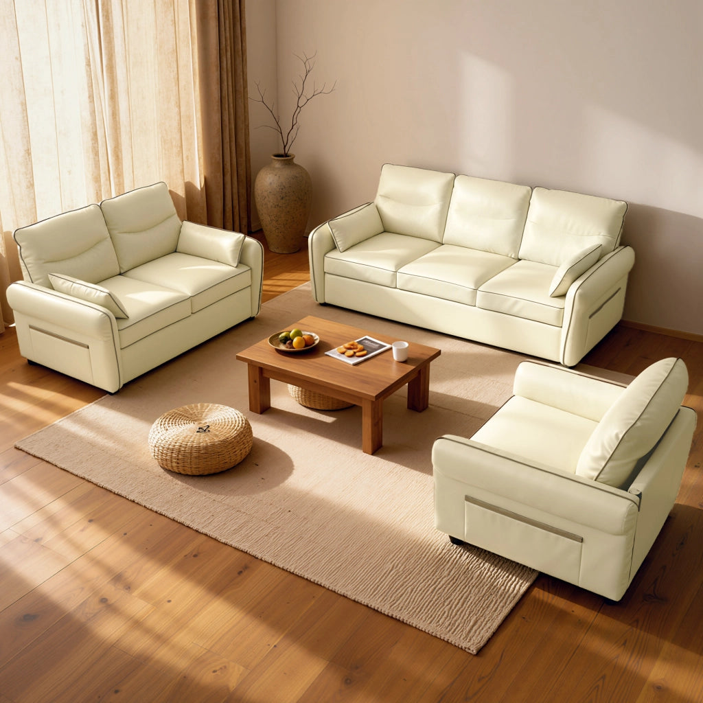 Poltrona da Salotto Moderna con Imbottitura Spessa Tasca Laterale e Rivestimento in Finta Pelle Beige