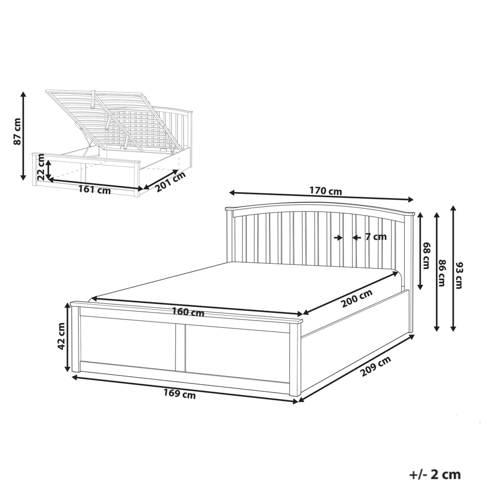 Letto matrimoniale in legno di pino con contenitore bianco con rete sollevabile 160 x 200 cm