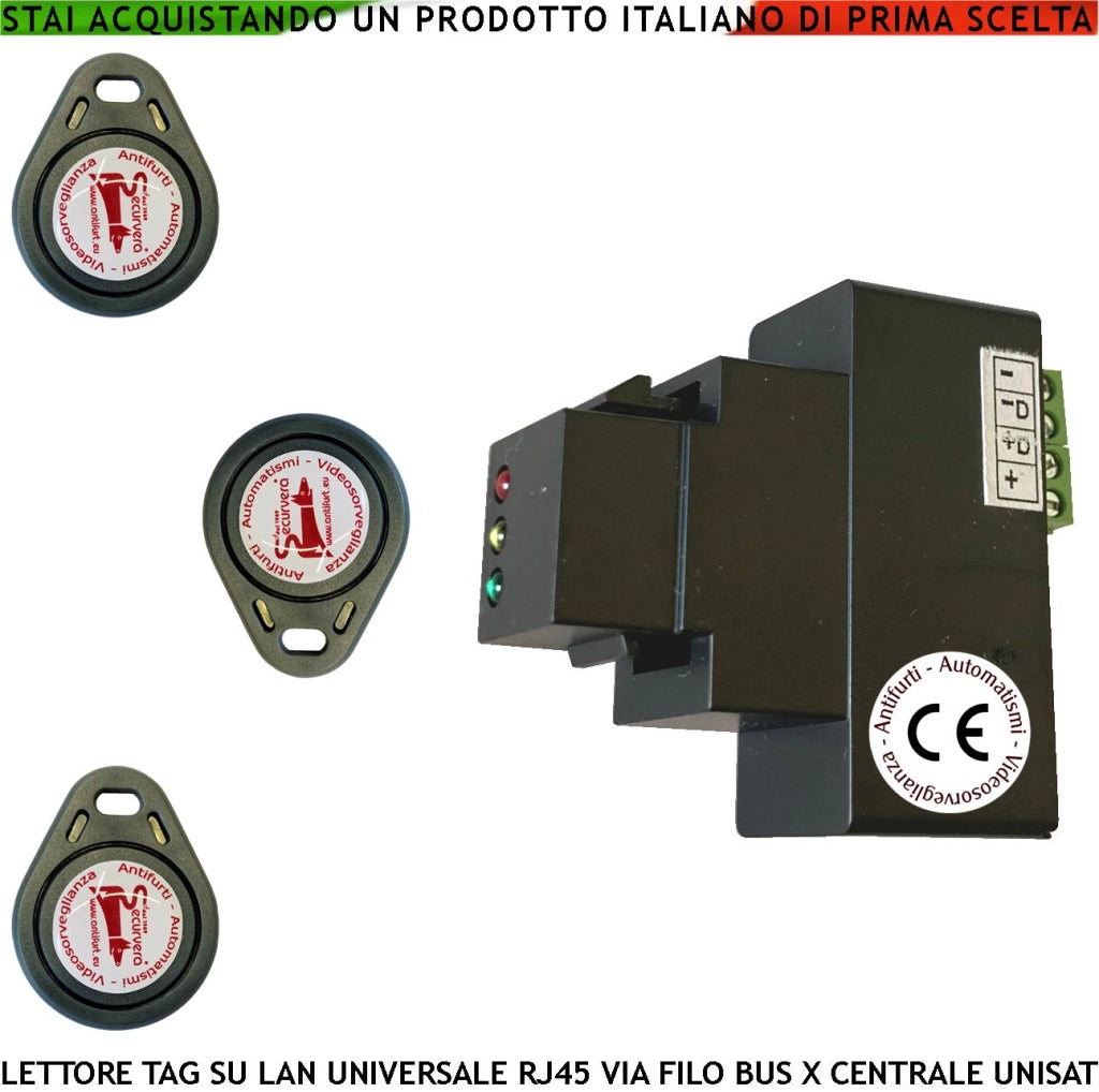 Lettore Trasponder 3 Chiavi TAG Codifica UNISAT2 Securvera RJ45 Universale di Qualsiasi Marca e Tipo 3 Led Verde Giallo Rosso Segnalano Lo Stato Antifurto Colegamento BUS Attivazione Parziale o Totale
