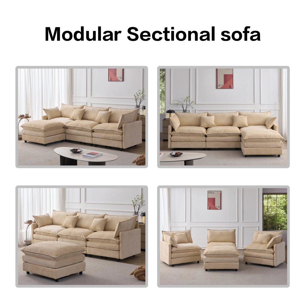 Divano angolare modulare a L con chaise longue e pouf, rivestimento in chenille, caffè chiaro, per 3 persone