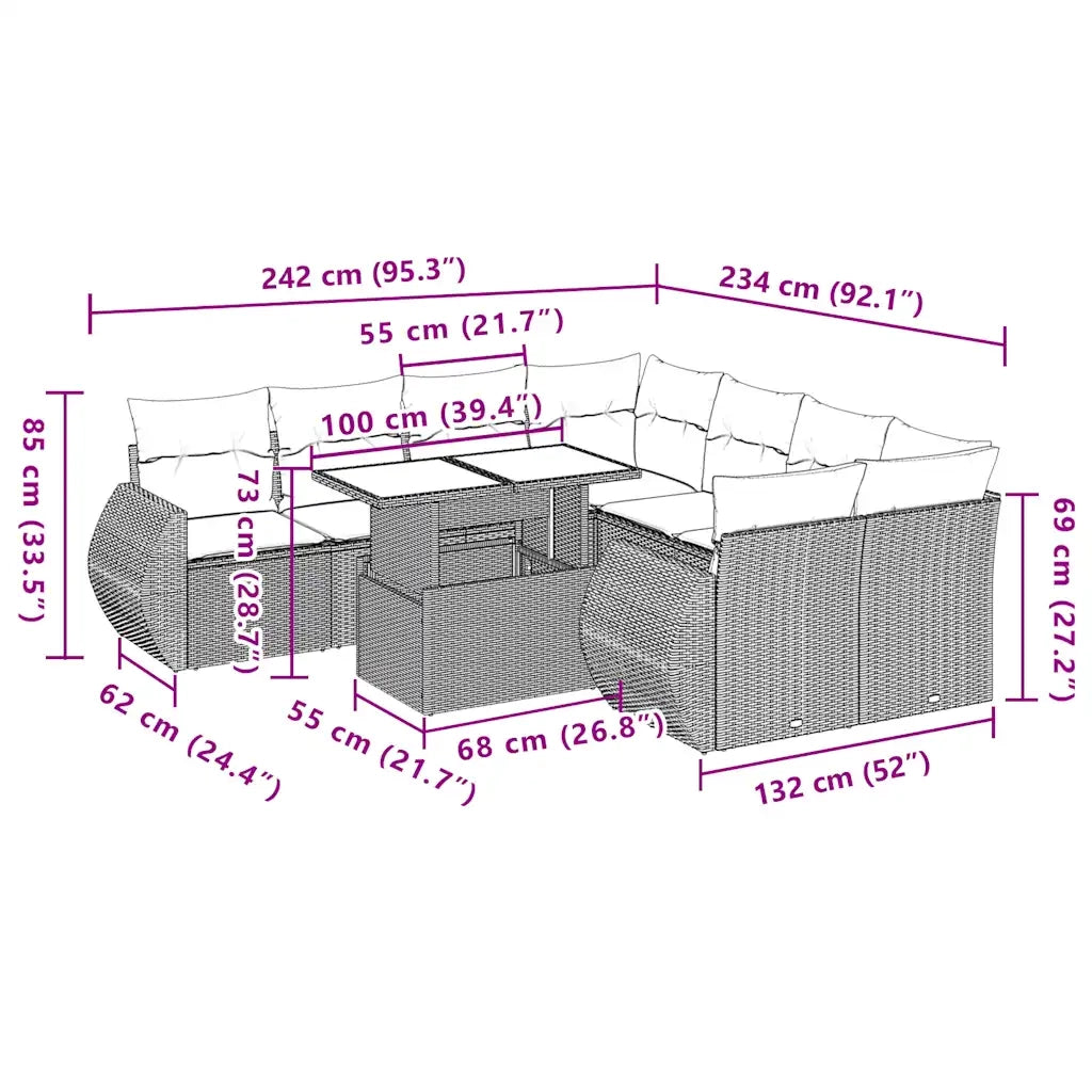 vidaXL Set Divano da Giardino 9pz con Cuscini Grigio Chiaro Polyrattan