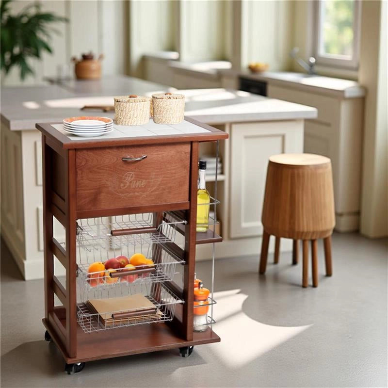 CARRELLO VESUVIO PORTAPANE+PORTABOTTIGLIE NOCE IN FAGGIO BASE INFERIORE MULTISTRATO DI BETULLA 1 CASSETTO 3 CESTELLI PIANO MATTONELLE IN CERAMICA