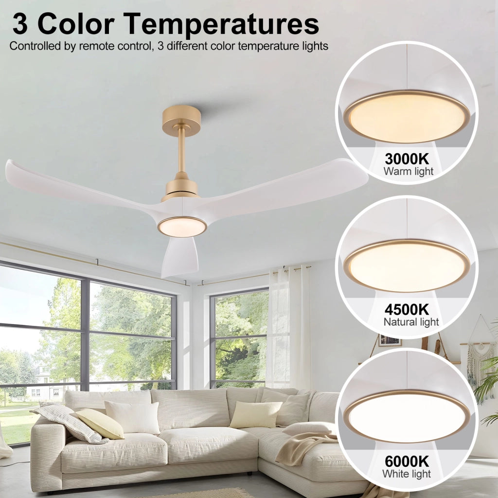 Ventilatore da soffitto bianco-oro 52 pollici con luce e telecomando, funzione memoria, motore DC silenzioso reversibile, 3 pale ABS