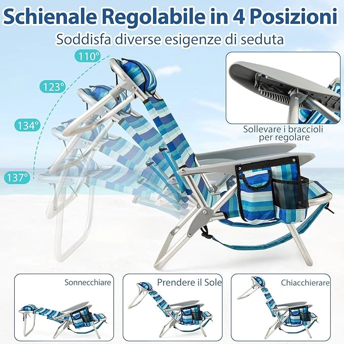 Sedia Pieghevole da Spiaggia, Telaio in Alluminio, Sedia Bassa da Sabbia Leggera con Schienale Regolabile, Sdraio da Esterno Robusta per Giardino, Campeggio, Portata 150 kg (Verde,2)