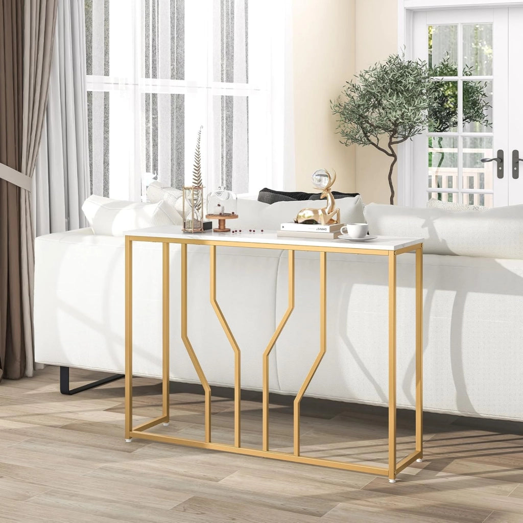 Tavolo Consolle Effetto Marmo, Tavolo d'ingresso con Struttura Geometrica in Metallo, Tavolino da Divano Bianco Oro, 110x30x80 cm