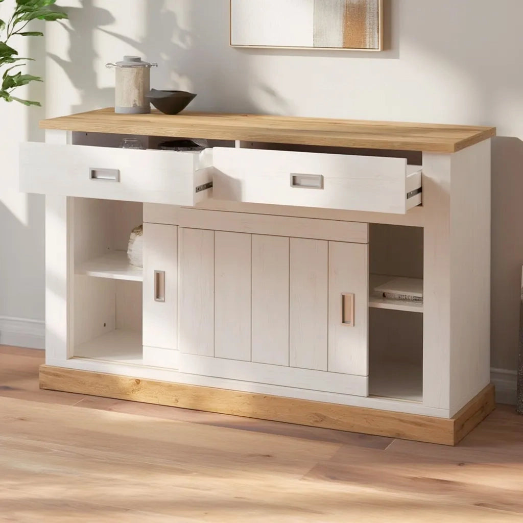 Mobile Soggiorno Madia Con 2 Cassetti 2 Ante Scorrevoli E 4 Ripiani Interni Credenza Design Minimal Shabby Chic Per Sala Da Pranzo Zona Living 150 X 50 X 95.5 Cm Bianco E Rovere