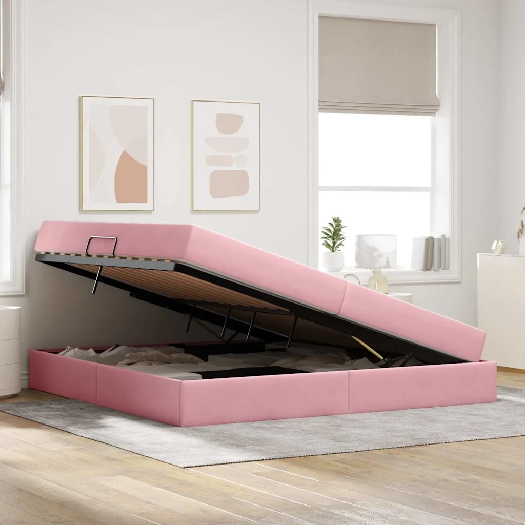 Letto con contenitore e materasso Rosa 200 x 200 cm Velluto